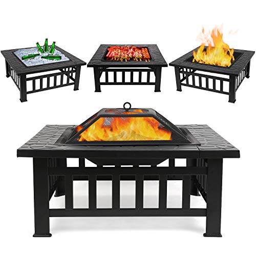 FIXKIT Fire Pit Table Outdoor with BBQ Grill Shelf, Multifunctional Garden Terrace Fire Bowl Heater/BBQ/Ice Pit, 32″ Diameter Square Fireplace with Waterproof Cover