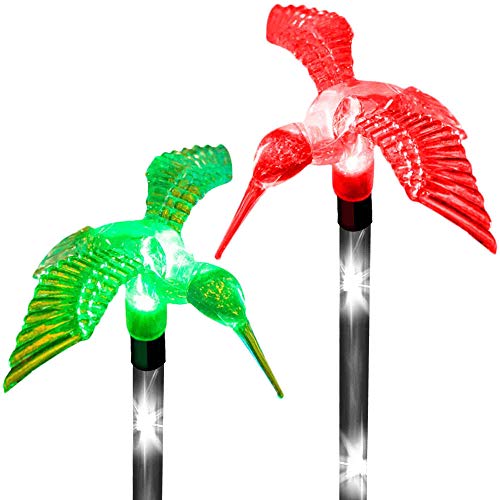 Solar Garden Hummingbird Stake Lights Charming Outdoor Decor Color Changing LED Garden Feeder Decoration Path Landscape Fairy Walkway Fixture Wedding Birthday Party Thanksgiving Christmas (Set of 2)