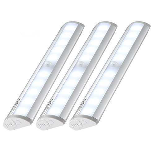 Kuled 10-led Wireless Motion Sensing Stick-on Anywhere Step LED Light Bar with Magnetic Strip, Pure White,  3-Pack