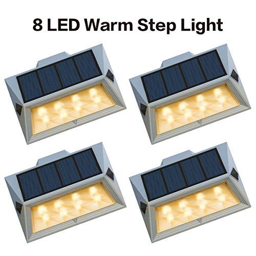 Roopure【Newest Version Warm 8 LED】Warm White Solar Step Lights Outdoor Decorative Solar Deck Lights Wireless Waterproof Lighting for Stair Garden Wall Paths Patio Decks Auto On/Off 4 Pack