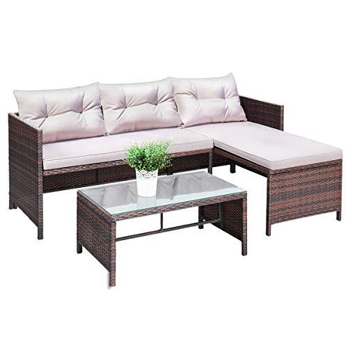 Tangkula 3 PCS Outdoor Rattan Furniture Sofa Set Lounge Chaise Cushioned Patio Garden