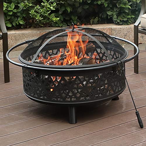 PHI VILLA 32″ Fire Pit Large Steel Patio Fireplace Cutouts Pattern with Poker & Spark Screen