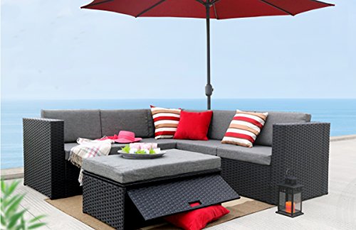 Baner Garden (K35 4 Pieces Outdoor Furniture Complete Patio Wicker Rattan Garden Corner Sofa Couch Set, Full, Black