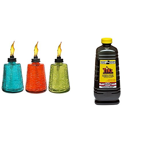 TIKI Brand 6-inch Glass Table Torch 3 pack Red, Green & Blue   & 64 oz. Citronella Scented Torch Fuel with Easy Pour System