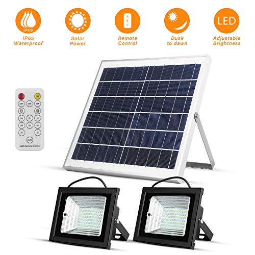 Solar Flood Lights Remote Dusk to Dawn Outdoor Solar Lights Security Lights 15W 13.8″x 13.8″ Solar Panels 800LM Dual 98 Led Sensor Lights IR Control IP65 Waterproof Auto On/Off for Flag Pole Fence