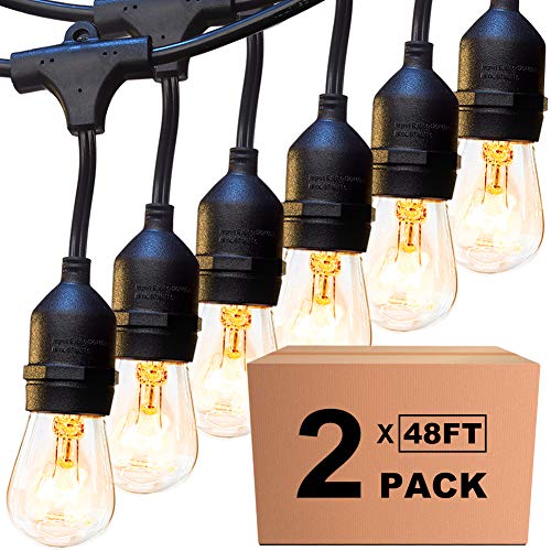 2 Pack 48ft Outdoor String Lights with Hanging Vintage Edison Bulbs – UL Listed Heavy Duty Decorative Café Patio Bistro Lights – Dimmable Bulbs Create Great Ambience in Your Backyard