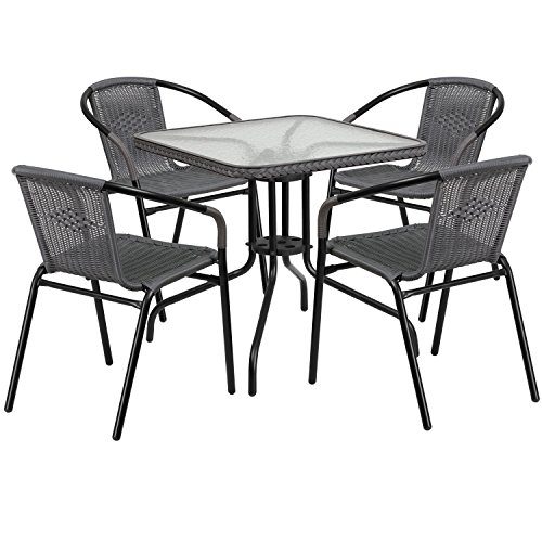 Flash Furniture 28” Square Glass Metal Table with Gray Rattan Edging and 4 Gray Rattan Stack Chairs