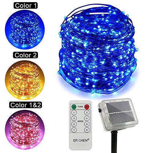 ErChen Dual-Color Solar Powered LED String Lights, 165FT 500 Leds Remote Control Color Changing 8 modes Copper Wire Decorative Fairy Lights for Outdoor Garden Patio (Warm White, Blue)