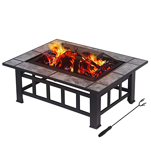 LAGRIMA 37″ Outdoor Metal Fire Pit Rectangular Table Backyard Patio Heater/BBQ/Ice Pit Garden Stove Wood Burning Fire Pit with Log Poker and Cover