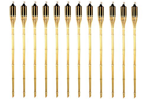 Kaya Collection Bamboo Torches – 12 Pack – Metal Oil Canister – Reinforced with Metal Ring – 5 ft High, 20oz. Capacity – Sharp Speared Bottom