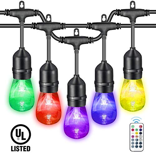 VAVOFO 48FT Cafe Lights Color Changing Patio Light,15 Sockets, Dimmable LED Heavy Duty Hanging Outdoor String Lights, Commercial Grade, Weatherproof, Wireless Remote Control, UL Listed