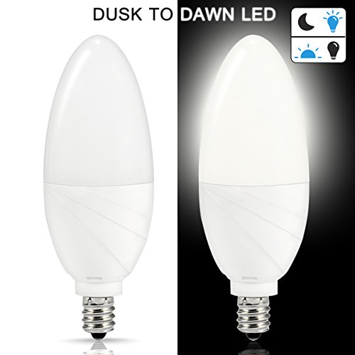 TechgoMade Dusk to Dawn Sensor Candelabra LED Light Bulb, E12 Edison 60W Equivalent Light Sensor Bulb, 5000K Daylight Porch Lighting, Auto On/Off Non-Dimmable Security Bulb, Garage Light Bulb, 2 Pack