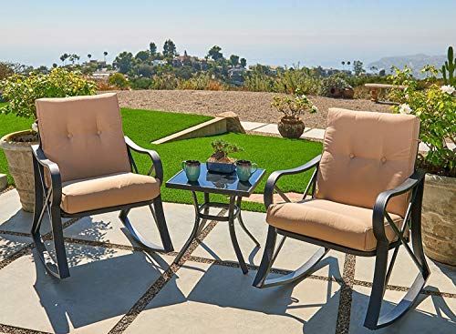 Outroad 3-Piece Rocking Metal Bistro Set Black Outdoor Patio Set Glass Top Table & Thick Cushions for Porch, Garden, Backyard or Pool