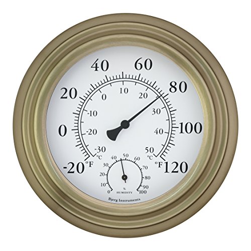 Bjerg Instruments Antique Brass 8″ Decorative Indoor / Outdoor Thermometer and Hygrometer