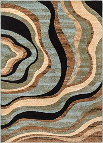 Hudson Waves Blue Brown Geometric Modern Casual Area Rug 3×5 4×6 ( 3’11” x 5’3″ ) Easy to Clean Stain Fade Resistant Shed Free Abstract Contemporary Natural Lines Multi Soft Living Dining Room Rug