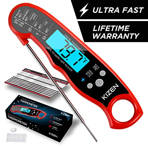Instant Read Meat Thermometer – Best Waterproof Ultra Fast Thermometer with Backlight & Calibration. Kizen Digital Food Thermometer for Kitchen, Outdoor Cooking, BBQ, and Grill! (Red)