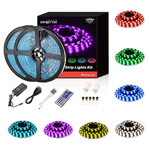 DAYBETTER Led Strip Lights Waterproof SMD 5050 RGB 32.8ft/10m 300leds Flexible Color Changing Light Strips Kit with 44 Keys IR Remote Controller and 12V 5A Power Supply
