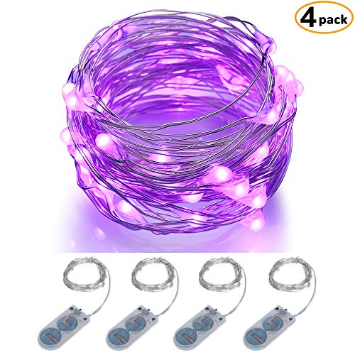 ITART Micro LED String Lights Battery Powered Set of 4 Purple Mini String Light 20 LEDs / 6ft (2m) Ultra Thin Silver Wire Rope Lights for Christmas Trees Wedding Parties Bedroom
