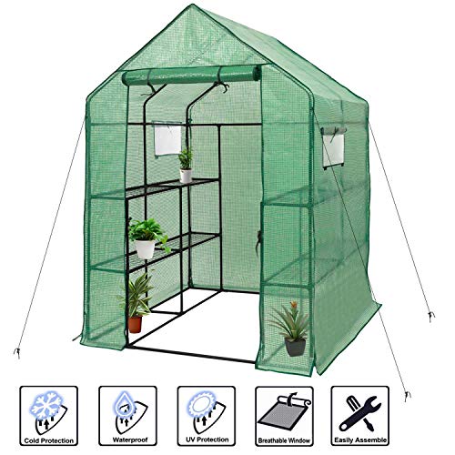 Deluxe Green House 56″ W x 56″ D x 77″ H,Walk in Outdoor Plant Gardening Greenhouse 2 Tiers 8 Shelves – Window and Anchors Include!