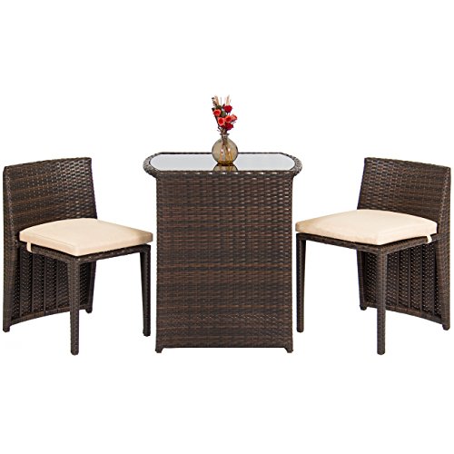 Best Choice Products 3-Piece Wicker Bistro Set w/Glass Top Table, 2 Chairs, Space Saving Design – Brown