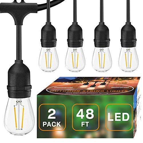 2 Pack LED 48FT Outdoor String Light, Banord Commercial Grade Heavy Duty Light String With 15 x E26 Socket, 18 x 2W Dimmable S14 Bulb (3 Spares) String Lighting, Waterproof Vintage Patio Hanging Light