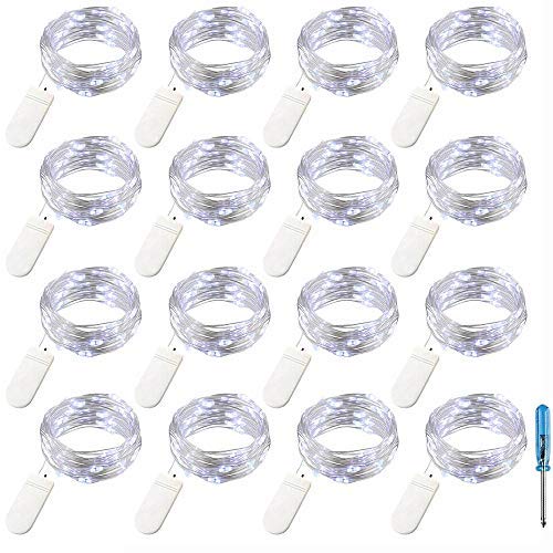 LXS 16 PCS Battery Mini Lights,Super Bright with 30 Micro LEDs On Soft and Flexible Silver Wire Waterproof Mini String Lights for DIY Party Wedding Centerpiece or Christmas Table Dec(Cool White)