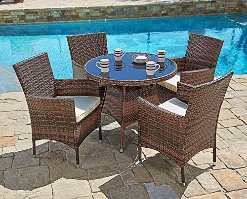 SUNCROWN Outdoor Furniture All-Weather Wicker Round Dining Table and Chairs (5-Piece Set) Washable Cushions | Patio, Backyard, Porch, Garden, Poolside | Tempered Glass Tabletop | Modern Design