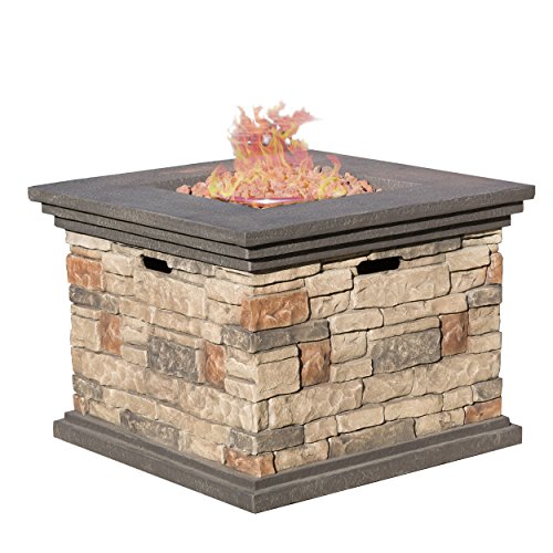 Great Deal Furniture | Crawford | Outdoor Square Propane Fire Pit with Lava Rocks | with Stone Finish