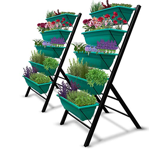4-Ft Raised Garden Bed – Vertical Garden Freestanding Elevated Planters 5 Container Boxes – Good for Patio Balcony Indoor Outdoor – Cascading Water Drainage to Grow Vegetables Herbs Flowers (2-Pack)