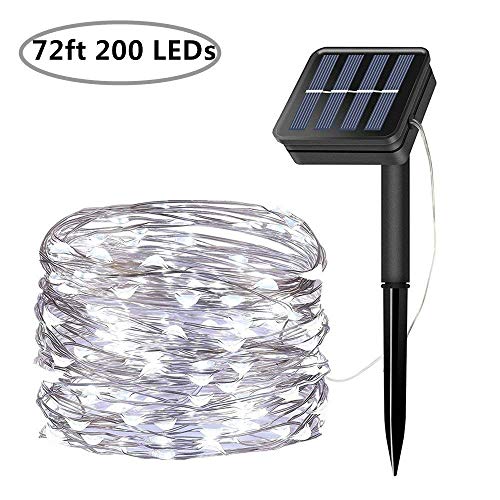 Solar String Lights, 200 LED Solar Fairy Lights 72 Feet 8 Modes Silver Wire Lights Waterproof Outdoor String Lights for Garden Patio Gate Yard Party Wedding Indoor Bedroom – Cool White