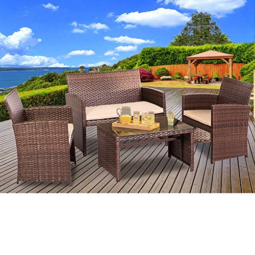 SUNCROWN Outdoor Conversation Set 4 Piece Brown Wicker Patio Furniture Sectional Sofa Glass Top Table | Thick, Durable Cushions with Washable Covers | Porch, Backyard, Pool or Garden