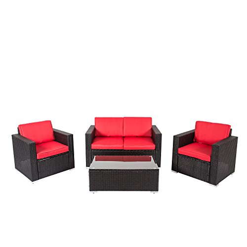 Kinbor New 4 PCs Rattan Patio Outdoor Furniture Set Garden Lawn Sofa Sectional Set Black (Red)