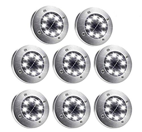 Solar Ground Lights,8 LED Disk Lights Solar Powered Waterproof Garden Pathway Outdoor in-Ground Lights with Light Sensor (Bright White 8 Packs)