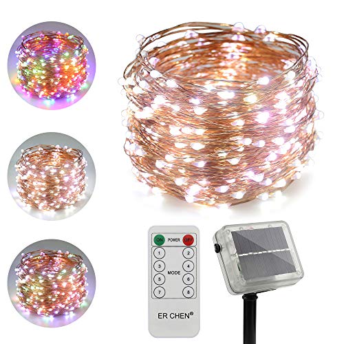 ErChen Dual-Color Solar Powered LED String Lights, 100FT 300 LEDs Remote Control Color Changing 8 Modes Copper Wire Decorative Fairy Lights for Outdoor Garden Patio (White, Multicolor)