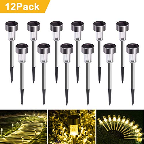 Cynkie 12 Pack Solar Pathway Lights Outdoor, LED Solar Powered Garden Lights, Stainless Steel Landscape Lighting for Garden, Lawn, Patio, Yard, Walkway, Driveway Warm White