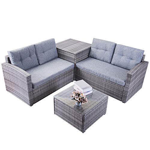 Leisure Zone Patio Furniture Set 4 Piece PE Rattan Wicker Chairs Grey Cushion with Coffee Table with Storage Box Outdoor Indoor Sofa (Grey)