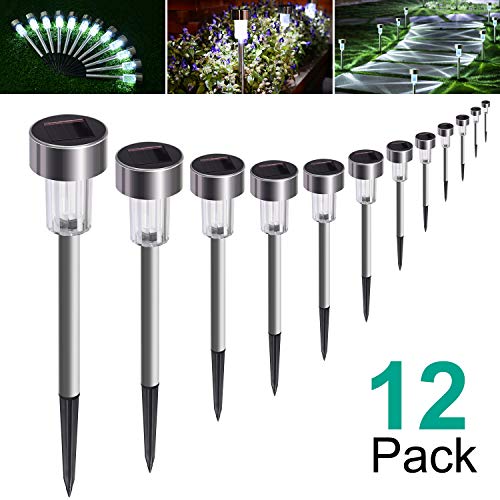 AdorioVix 12 Pack Solar Garden Lights Outdoor, Solar Powered Pathway Lights, Outdoor Landscape Light for Lawn/Patio/Yard/Walkway/Driveway (Stainless Steel, White)