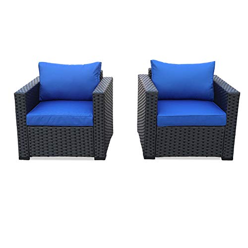 Patio Rattan Wicker Single Chair-Outdoor Armchair Sofa Furniture with Thick Blue Cushion,Steel Frame,Set of 2