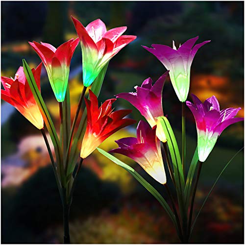 TONULAX Solar Lights Outdoor – New Upgraded Solar Garden Lights, Multi-Color Changing Lily Solar Flower Lights for Patio,Yard Decoration, Bigger Flower and Wider Solar Panel (2 Pack,Purple and Red)