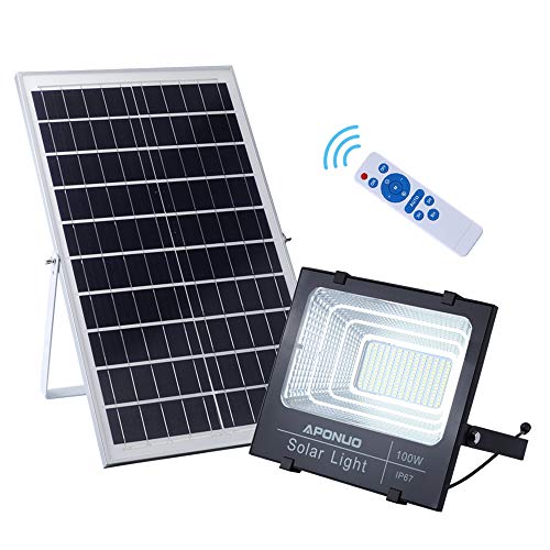 100W Solar Flood Light Solar Spotlights, APONUO 196 LED 5000 Lumens Outdoor IP67 Waterproof with Remote Control Sensing Auto On/Off for Yard, Garden, Billboard, Swimming Pool, Basketball Court