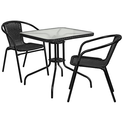 Flash Furniture 28” Square Glass Metal Table with Black Rattan Edging and 2 Black Rattan Stack Chairs