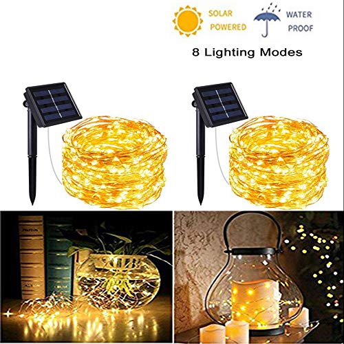 Outdoor Solar String Lights, 2 Pack 100 LED 8 Modes Copper Wire Fairy Lights Waterproof Outdoor String Lights Indoor/Outdoor, Gardens, Patio, Wedding, Bedroom, Christmas Party Decoration,Warm White