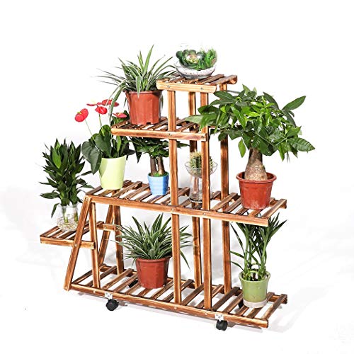 7-Tiered Pine Wood Plant Stand with Wheels, Flower Pot Rack Bonsai Bench Patio Shelf for Home Garden Decor