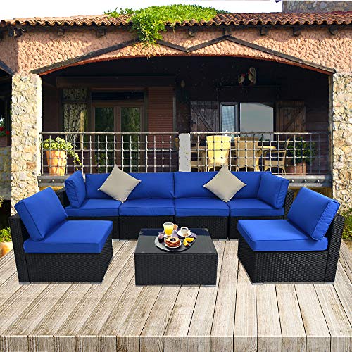 JETIME Patio Sectional Sofa Outdoor Black Rattan Couch Set Free Rain Cover Wicker 7PCS Sectional Conversation Sofa Set Lawn Garden Patio Furniture Set with Royal Blue Cushion