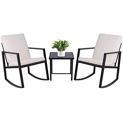 Devoko 3 Piece Bistro Sets Wicker Patio Outdoor Rocking Chairs Front Deck Porch Furniture with Glass Coffee Table (Black)