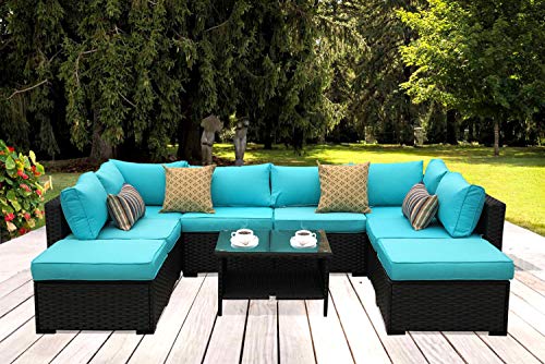 Outdoor PE Wicker Rattan Sofa – 9 Piece Patio Garden Sectional with Turquoise Cushion Furniture Set