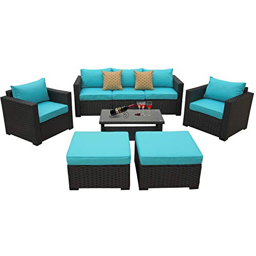 Patio Wicker Furniture Set 6 Piece Outdoor PE Rattan Conversation Couch Sectional Chair Sofa Set with Turquoise Cushion