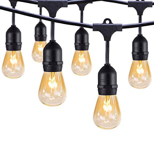 Outdoor String Lights, 48Ft Heavy-duty Commercial Weatherproof Patio Black Connectable Light Strand with 24 Hanging Sockets and 30 S14 Bulbs for Bistro Porch Garden Deck Café or Party Wedding Festival