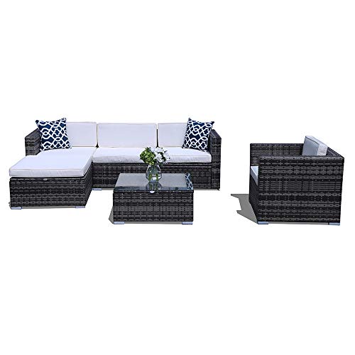 PATIORAMA Outdoor Sectional Furniture,6 Piece Patio Sectional Sofa Set with Grey Wicker White Cushions,Two Blue Throw Pillows