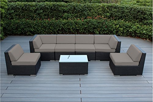 Ohana 7-Piece Outdoor Patio Furniture Sectional Conversation Set, Black Wicker with Sunbrella Taupe Cushions – No Assembly with Free Patio Cover